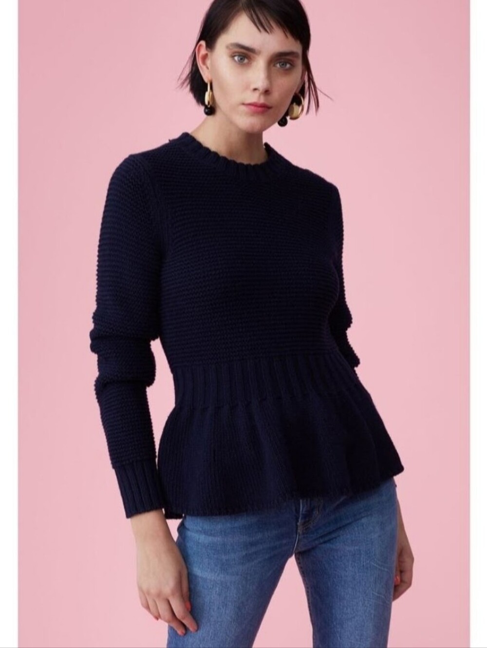 La Vie Rebecca Taylor navy blue peplum cotton and wool blend sweater